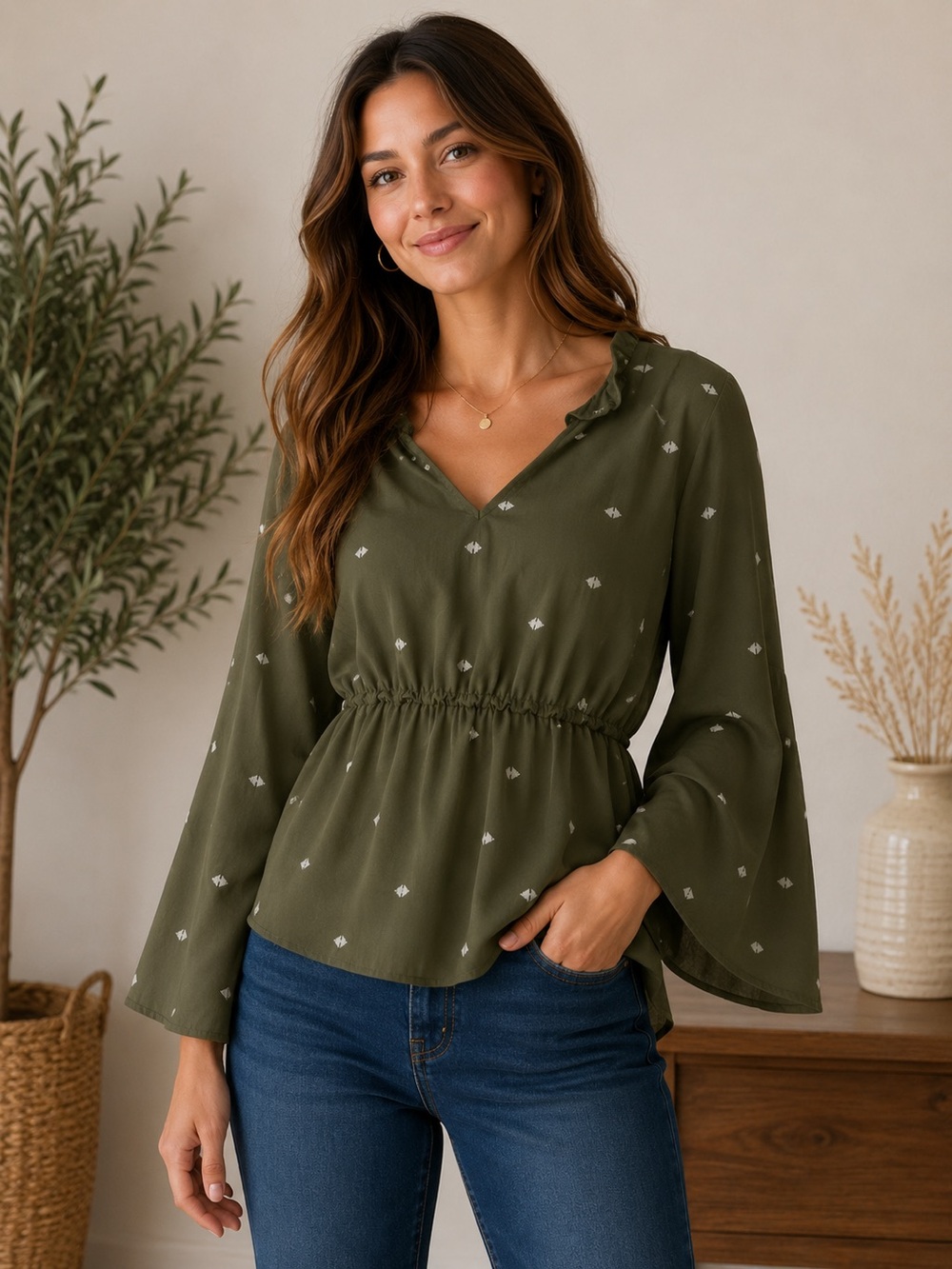 Cruel Olive V-Neck Peasant Blouse with Elastic Waist